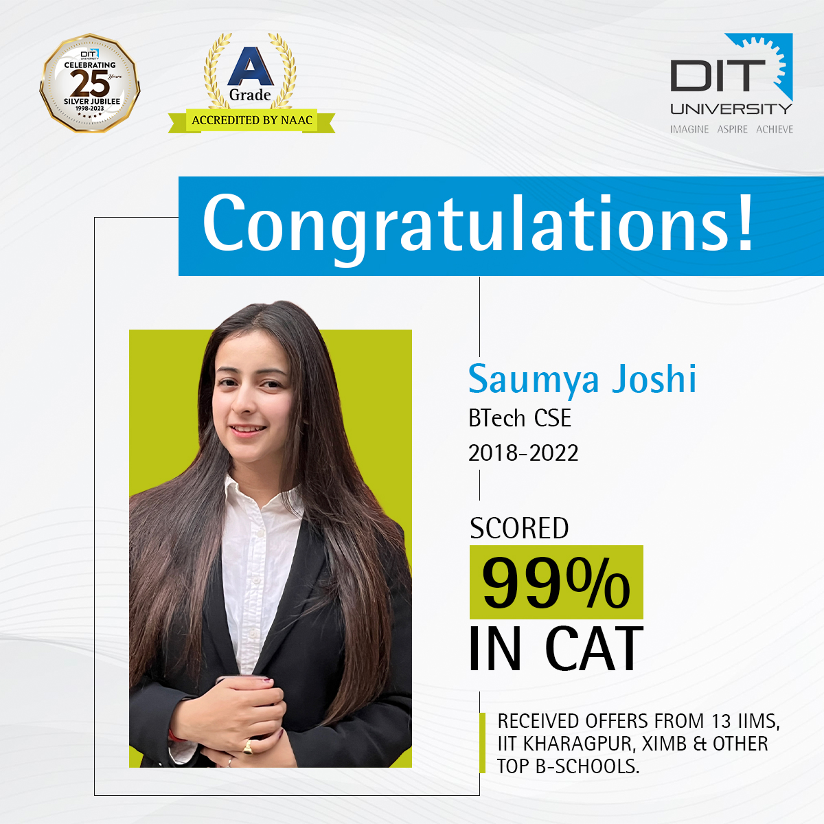  Congratulations  Saumya, for scored 99% in CAT Exam