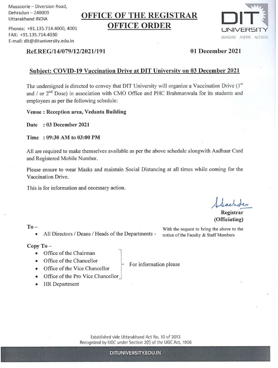 COVID-19 Vaccination Drive at DIT University on 03 December 2021